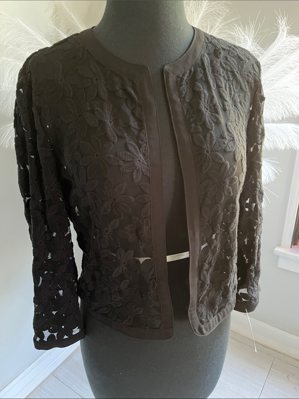 Anne Klein Black Floral Lace Open-Front Jacket